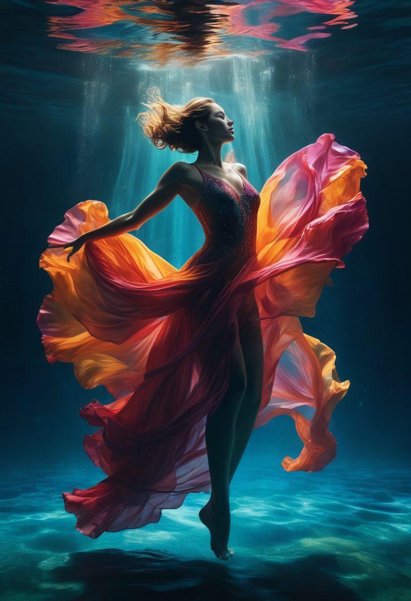 An artistically styled underwater scene reflecting a vibrant and surreal atmosphere, featuring silhouettes of elegant performers in dynamic poses, surrounded by swirling colors and shimmering light effects. Intricate details of cinematic elements like film reels and cameras blend organically with aquatic motifs, creating a mystical fusion. Emphasize stunning visuals and captivating performances. vibrant colors. 3D. surrealism.